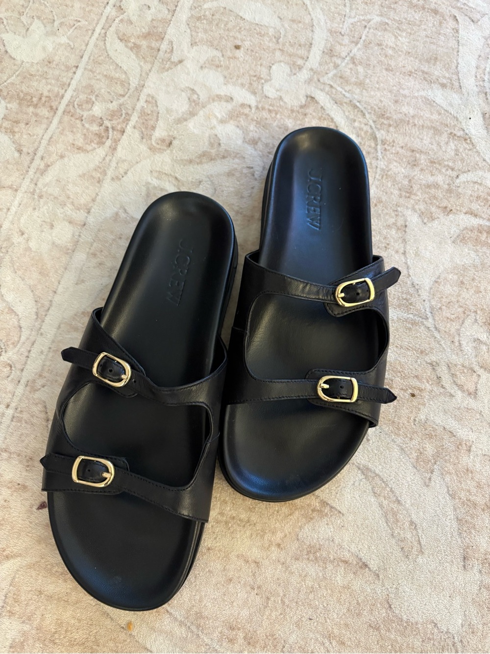 J. Crew Black Buckle Slide Sandals with Gold Buckles size 9